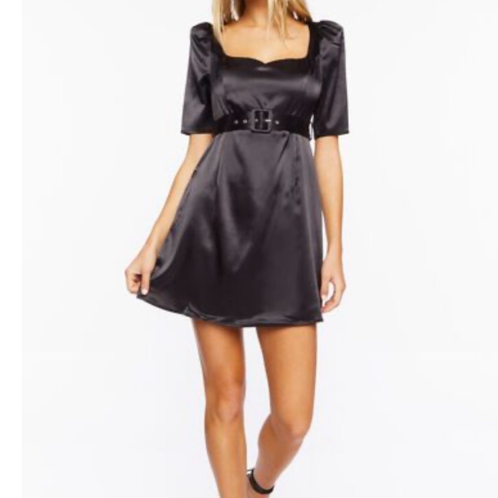 Black satin belted dress